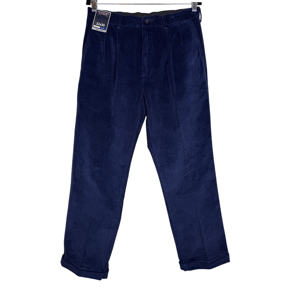 Roundtree & Yorke Corduroy Pants Mens 32x30 Navy Blue Pleated Inno-Flex Stretch